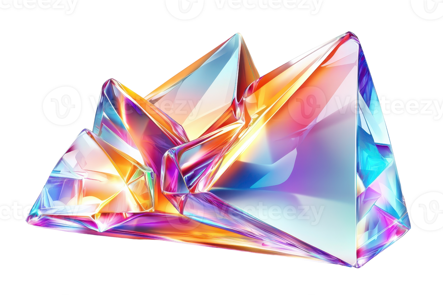 Vibrant geometric crystal with reflective surfaces. Abstract, colorful polygonal shape with illuminating light and angles. png