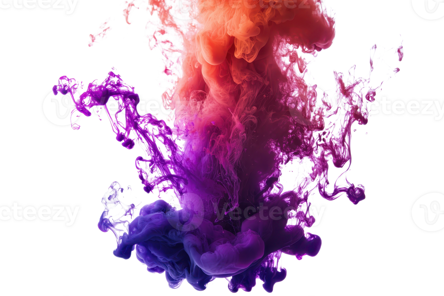Vibrant explosion of colorful smoke swirling together, creating a stunning abstract visual with dynamic purple and orange hues. png