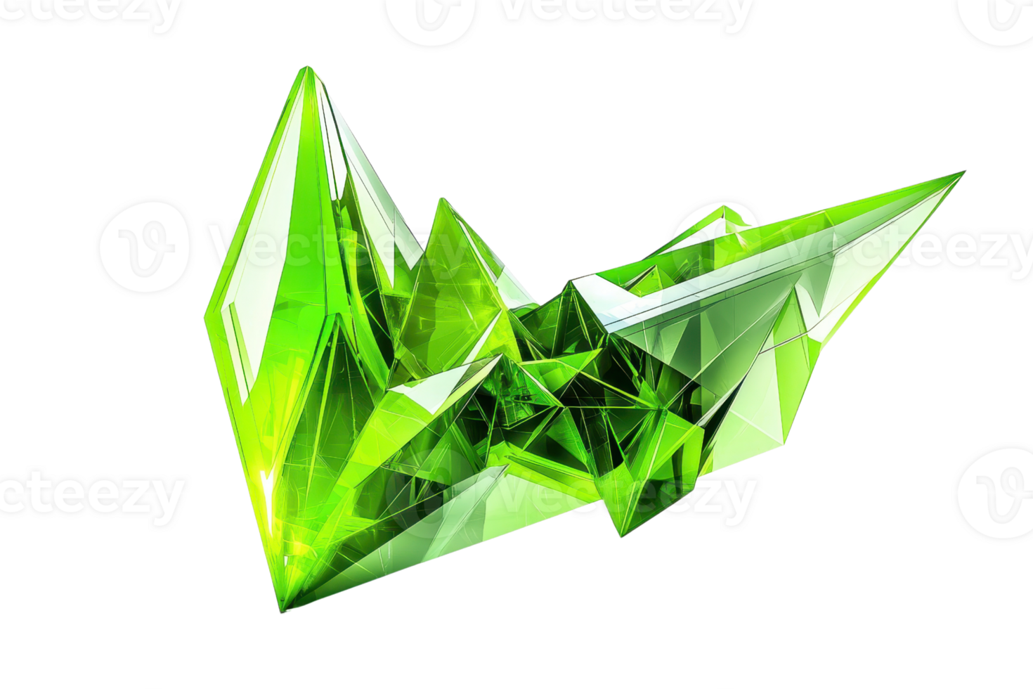 Vibrant green crystal polygon with geometric facets, reflecting light in modern abstract style, perfect for digital design backgrounds. png