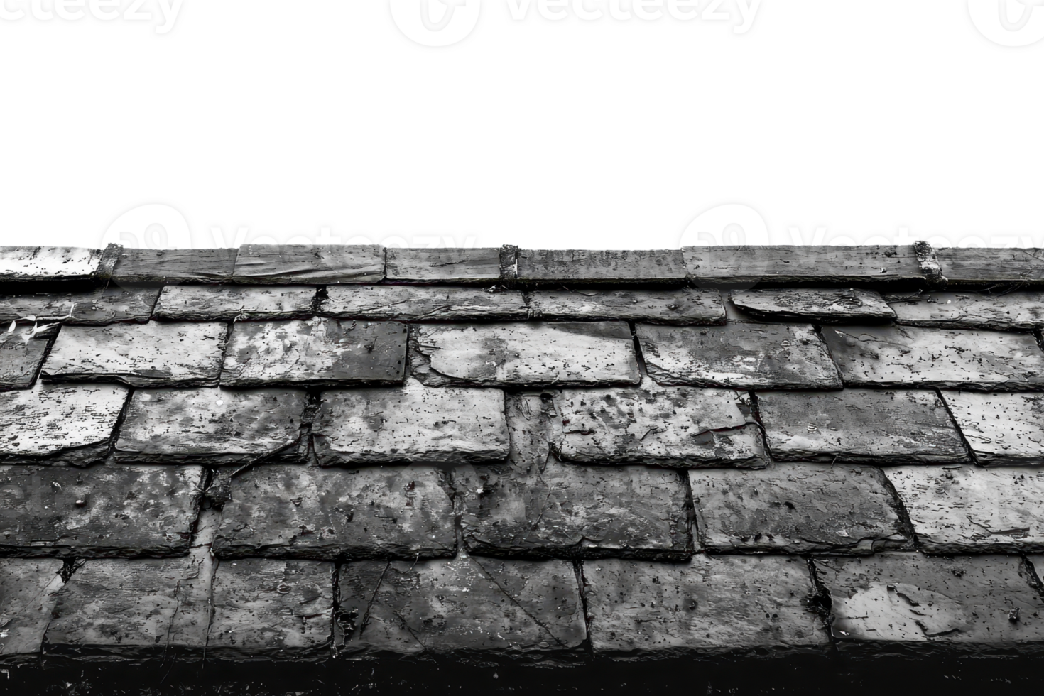 Weathered slate roof with aged texture and organic patterns, showcasing rustic architectural elements in monochrome tones. png
