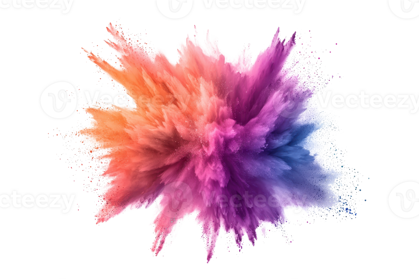 Vibrant explosion of colorful powder in mid-air creating a dynamic burst of orange, purple, and pink hues symbolizing creativity and spontaneity. png