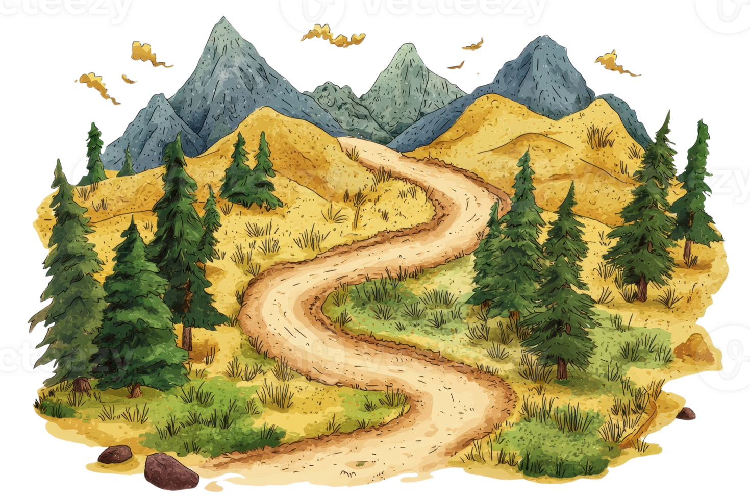 Winding dirt path through a pine forest and rugged mountains, capturing the essence of nature's tranquility and adventure. png