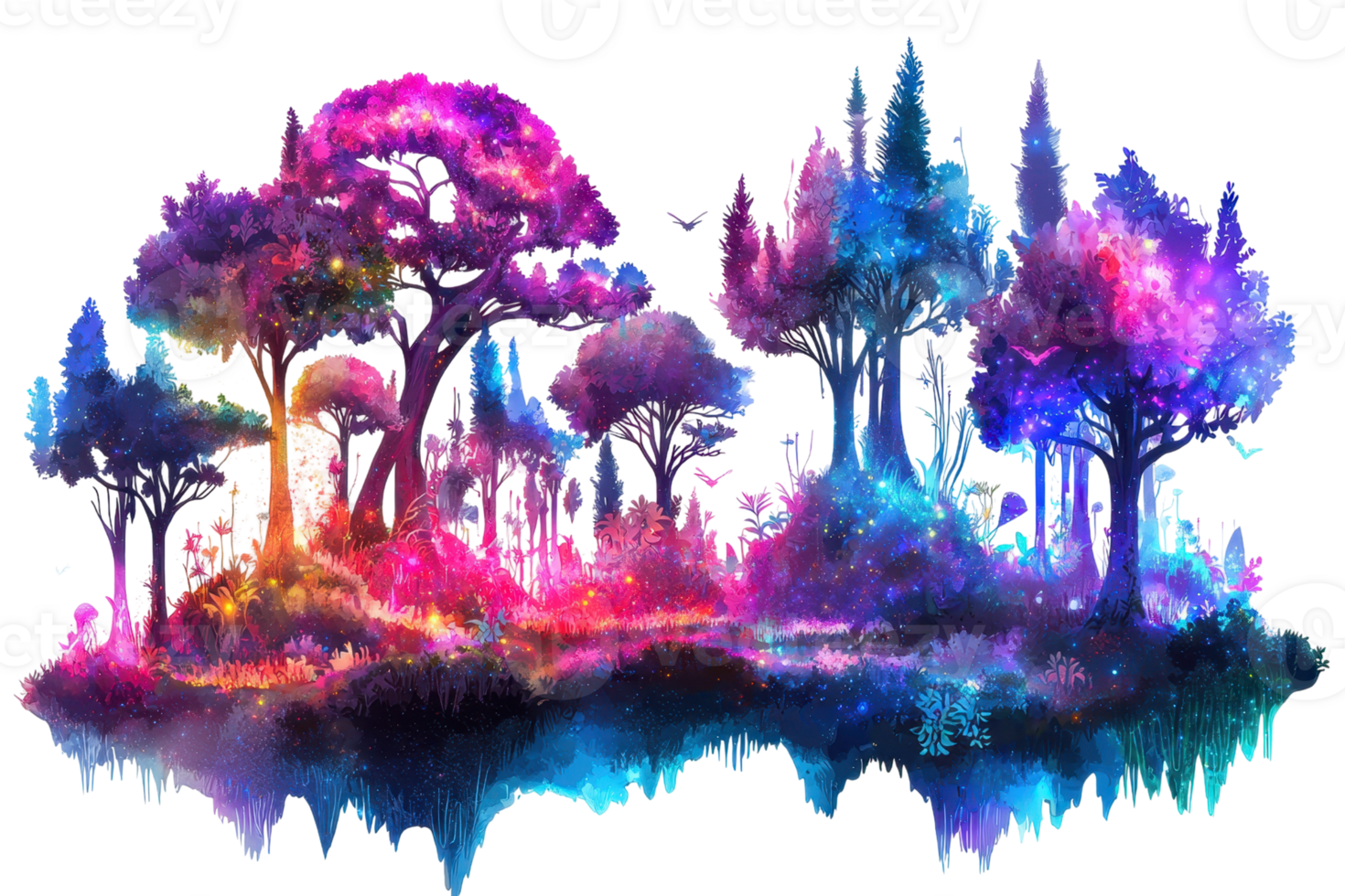 Vibrant fantasy forest with glowing magical trees and colorful ethereal lights creating a surreal and enchanting landscape. png