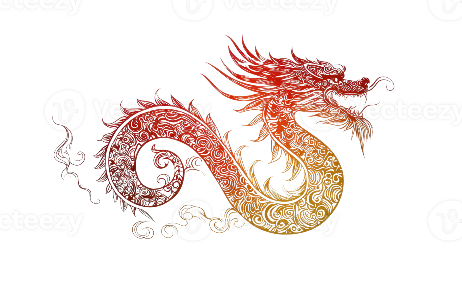 Vibrant illustration of a colorful dragon with intricate details and a fiery gradient, symbolizing strength and power in mythology. png