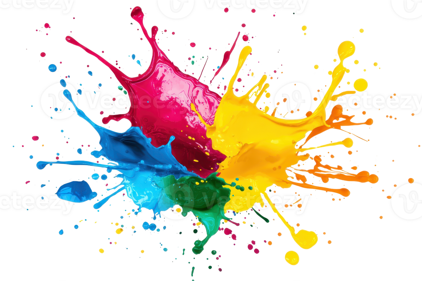 Vibrant paint splashes in blue, red, yellow, and green create an energetic and dynamic explosion of color on a transparent background. png