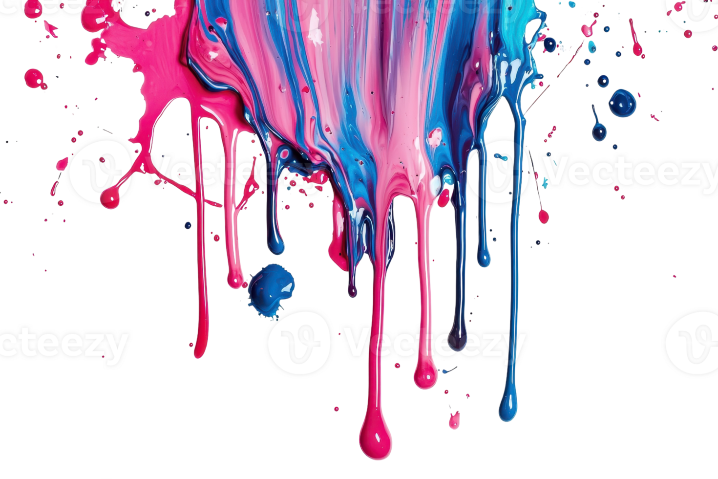 Vibrant pink and blue paint dripping downwards, creating an abstract artistic pattern suitable for creative design projects and backgrounds. png