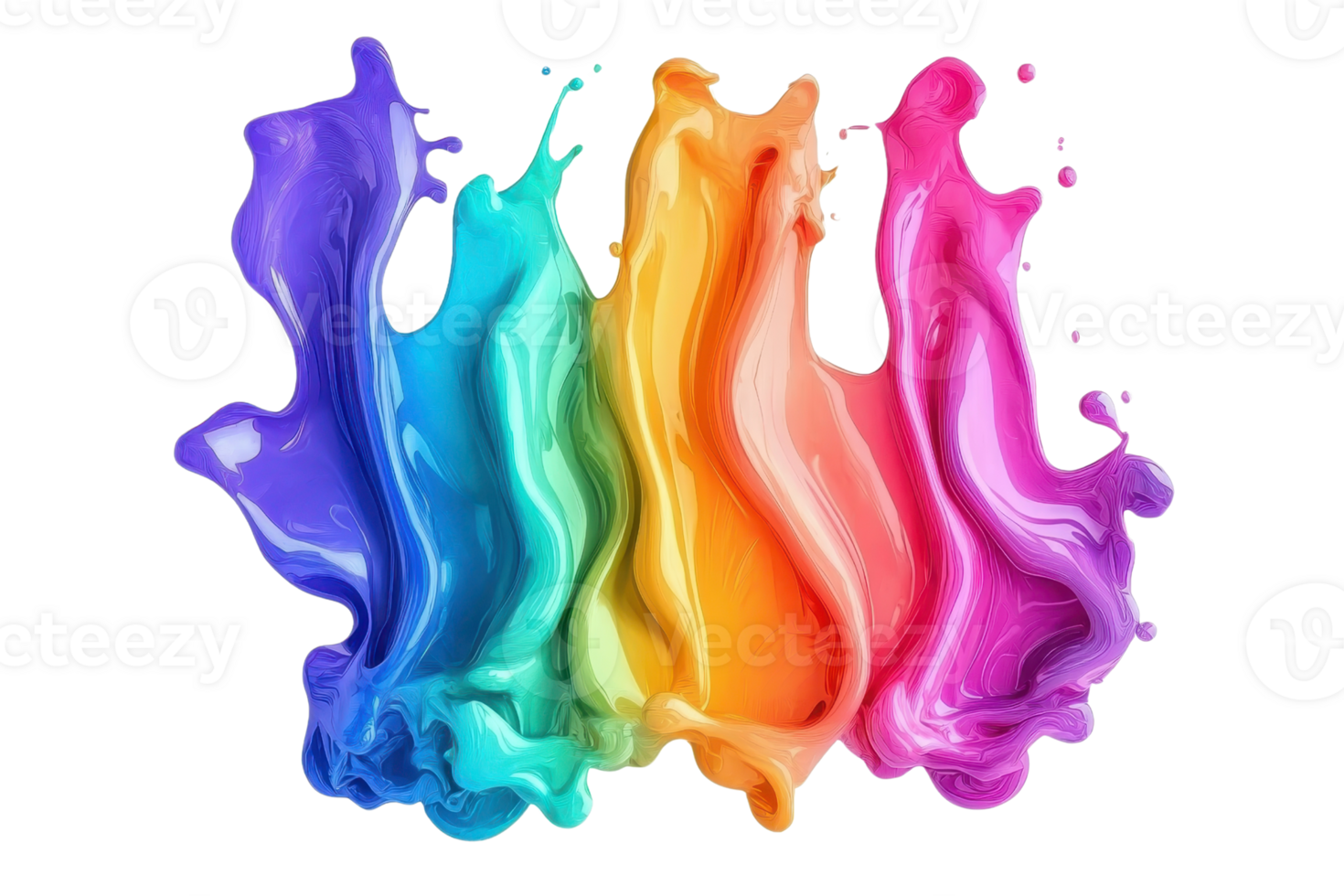 Vibrant paint splashes forming a colorful abstract design, showcasing a spectrum of hues in dynamic motion against a transparent background. png