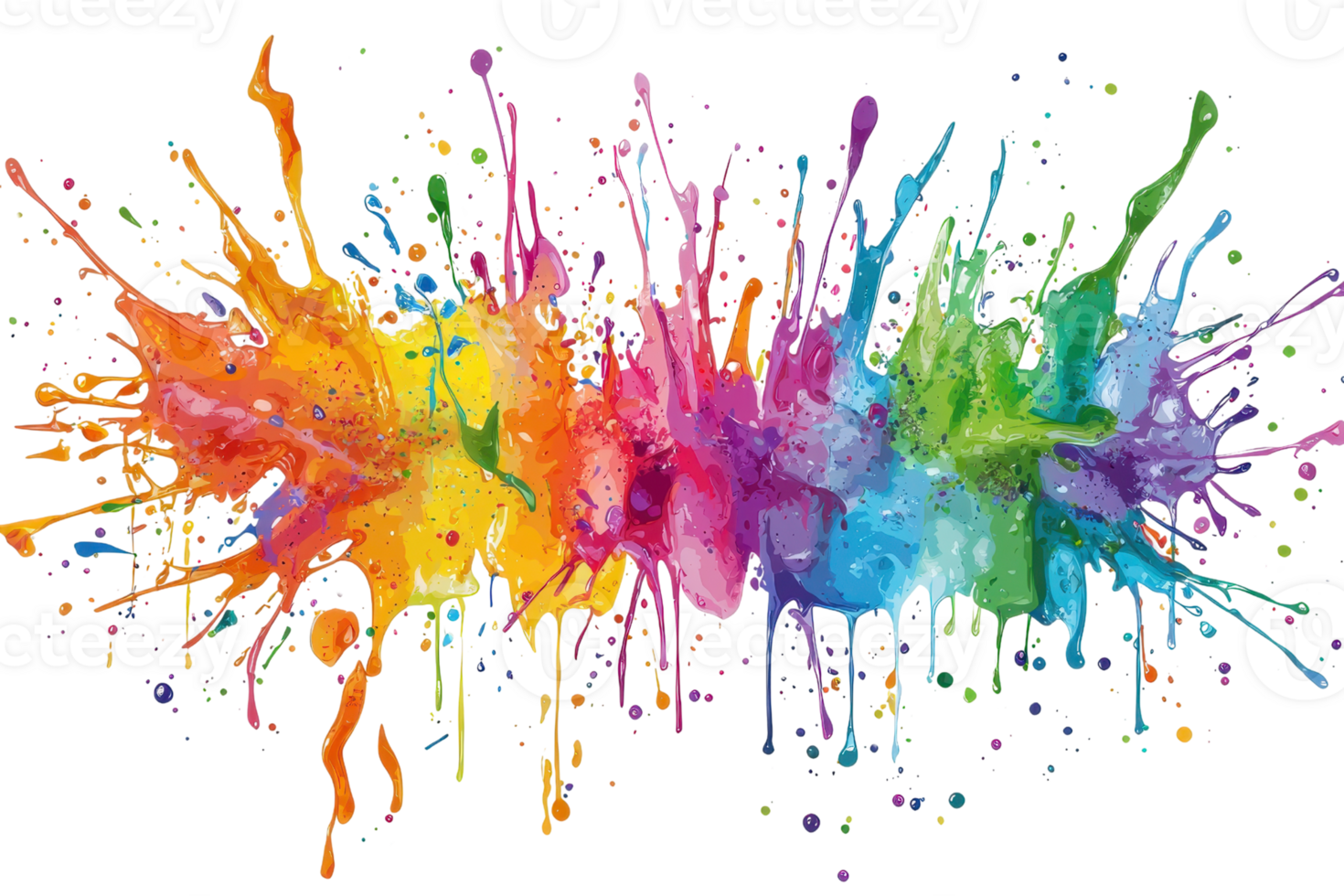 Vibrant paint splashes in rainbow colors create a dynamic and energetic abstract design, ideal for artistic backgrounds or creative projects. png