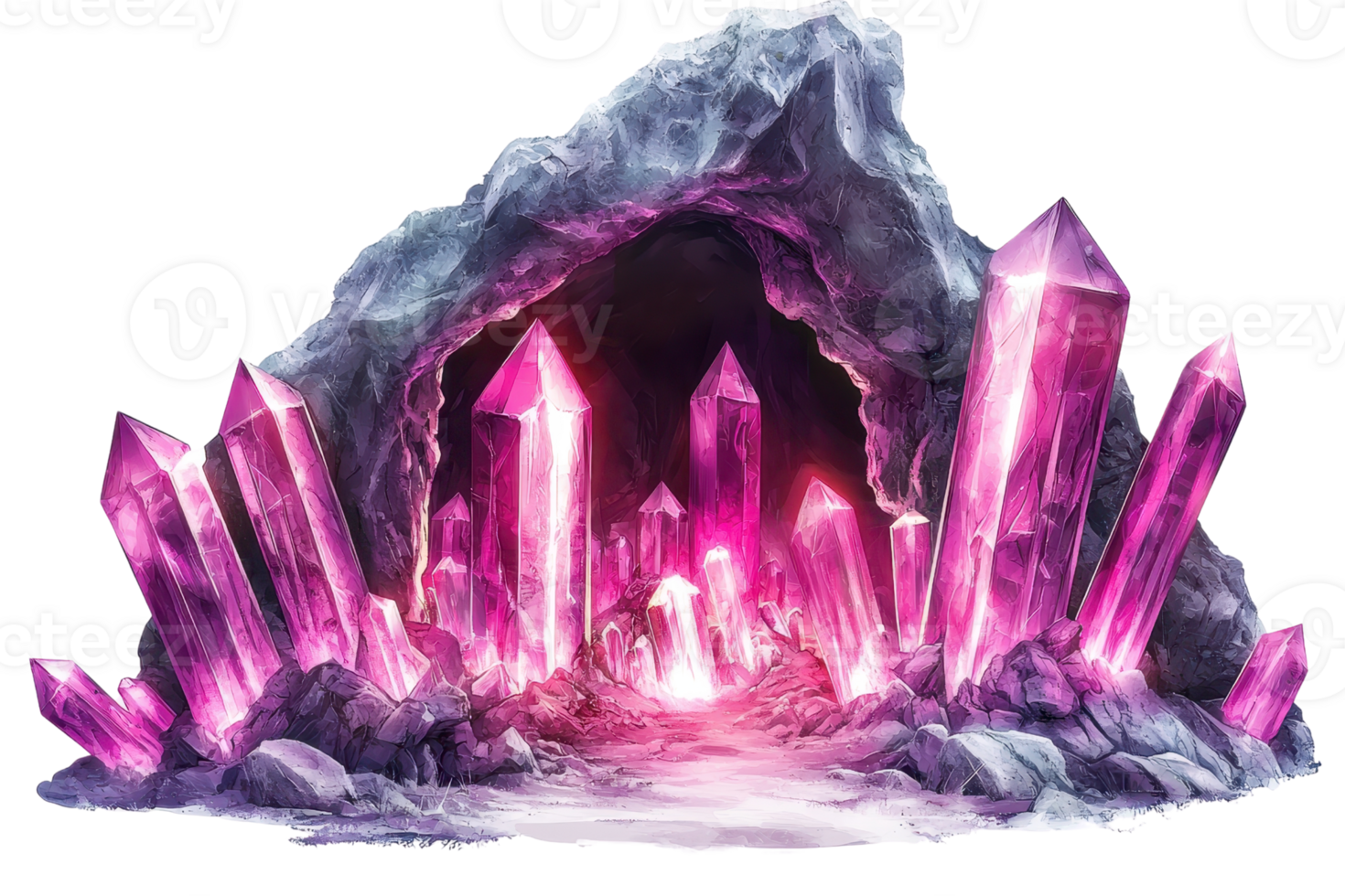 Vibrant pink crystals in a mystical cave setting, shining with an ethereal glow, creating a magical and enchanting atmosphere. png