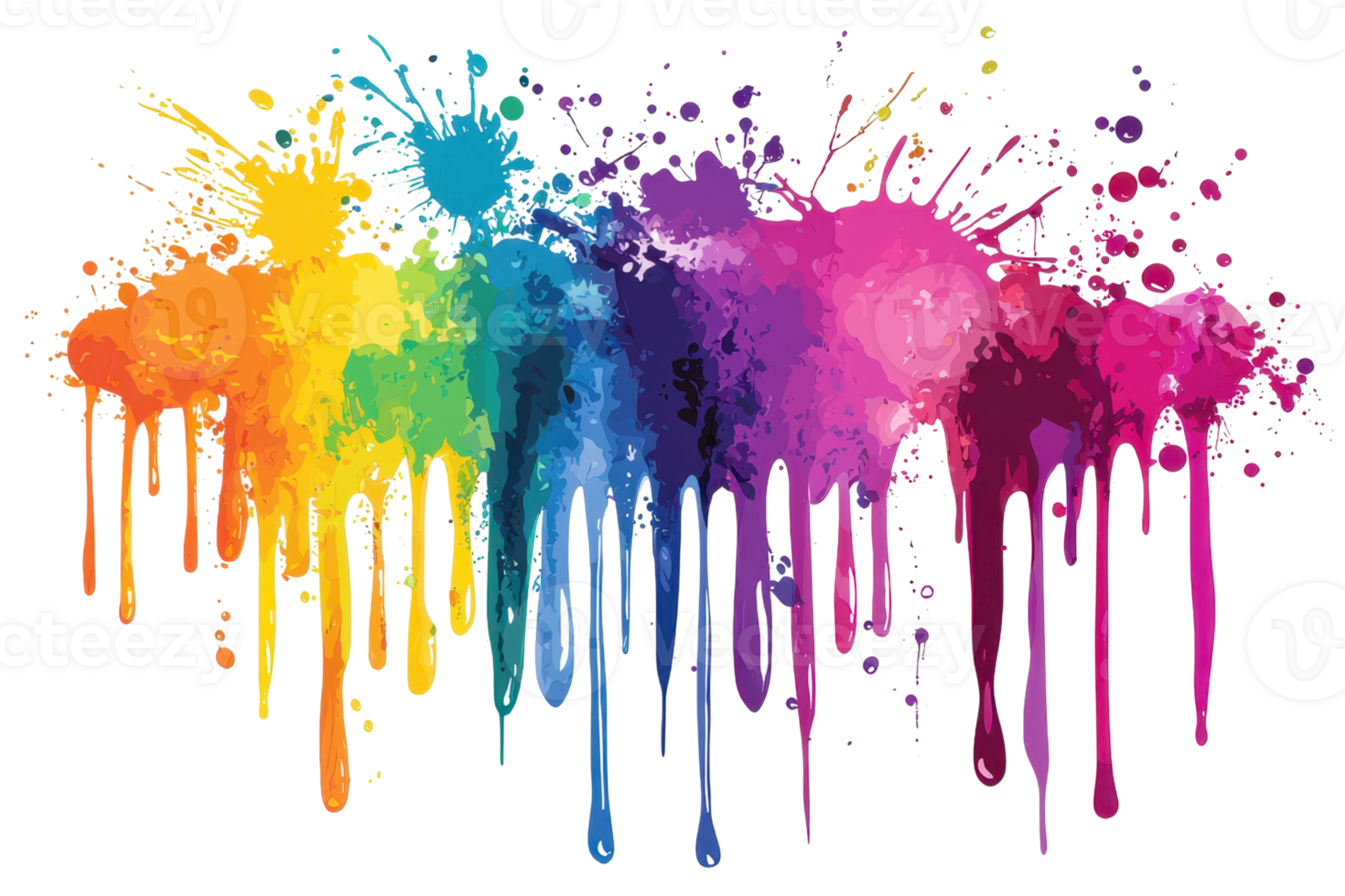 Vibrant rainbow paint splatters creating a colorful, abstract artistic design. Perfect for creative backgrounds and graphic art projects. png