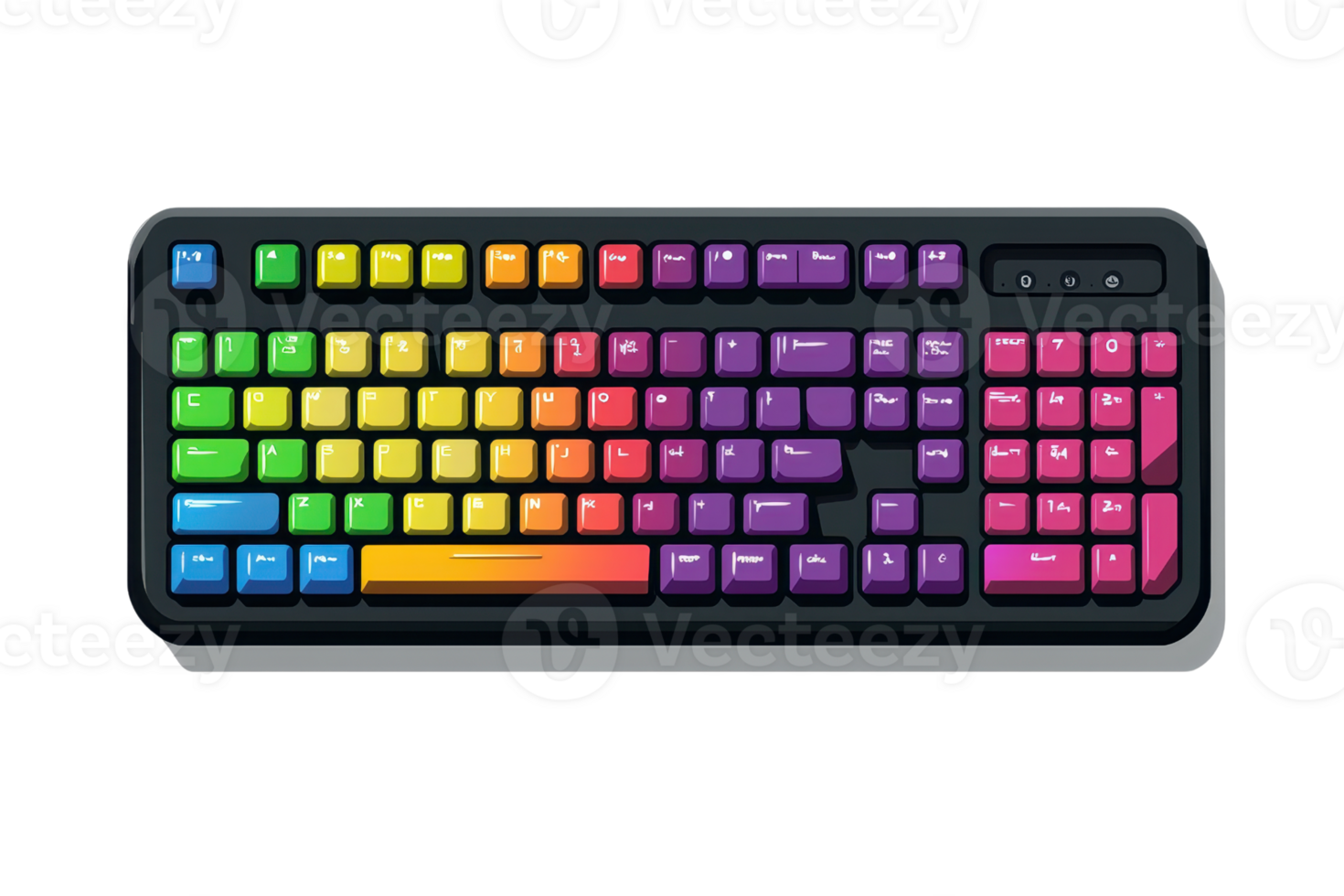 Vibrant rainbow-colored mechanical keyboard perfect for gaming and office setups, providing a colorful typing experience and enhanced productivity. png