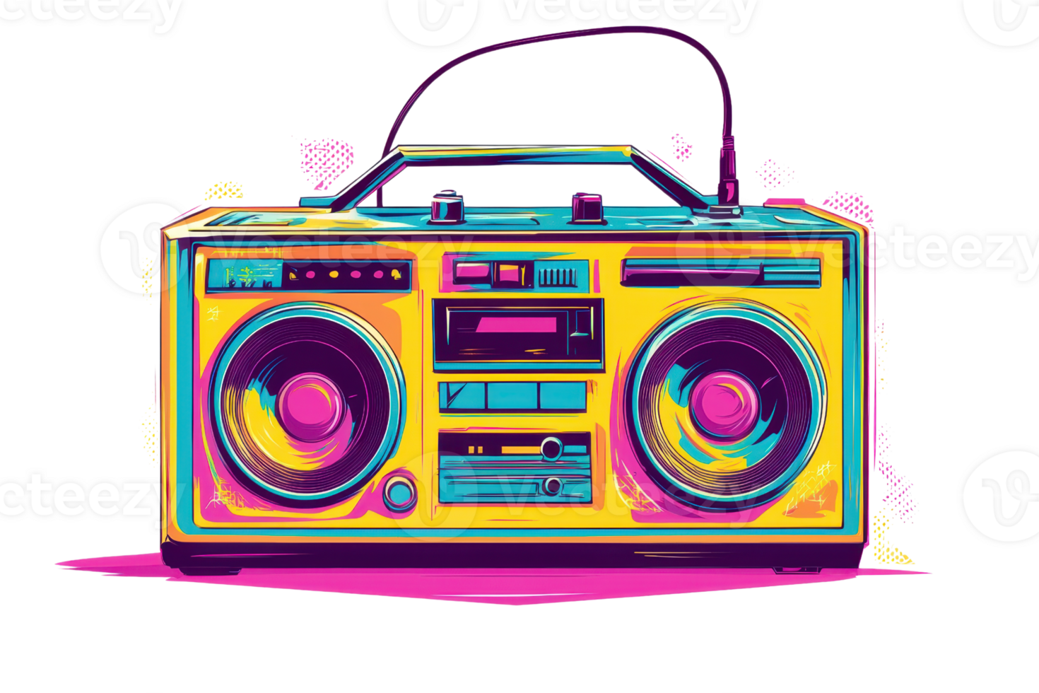 Vibrant illustration of a colorful retro boombox with neon hues, perfect for music and nostalgia enthusiasts. High-energy design. png