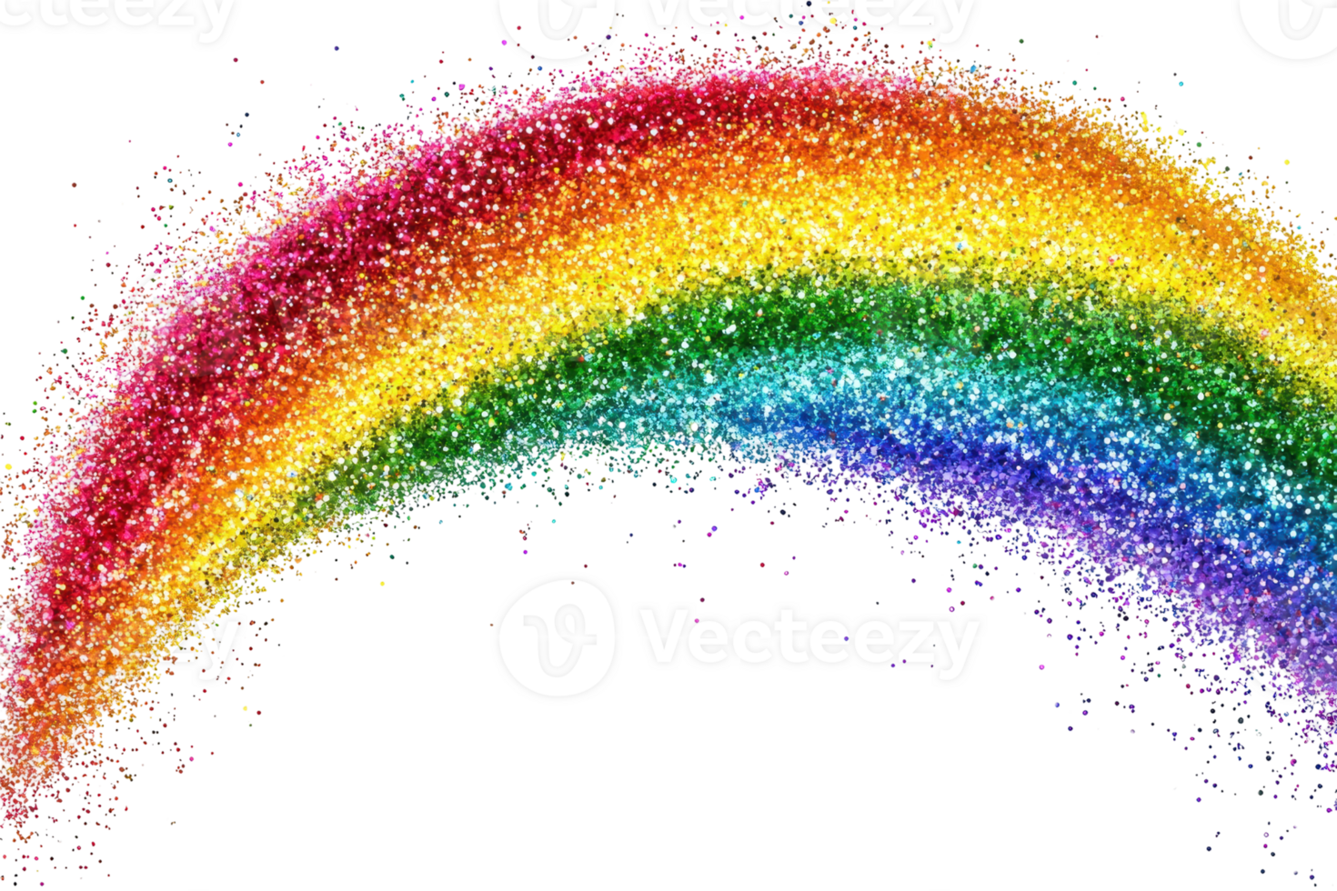 Vibrant rainbow arc composed of colorful glitter sparkles on a transparent background. creating a stunning and magical visual effect. png
