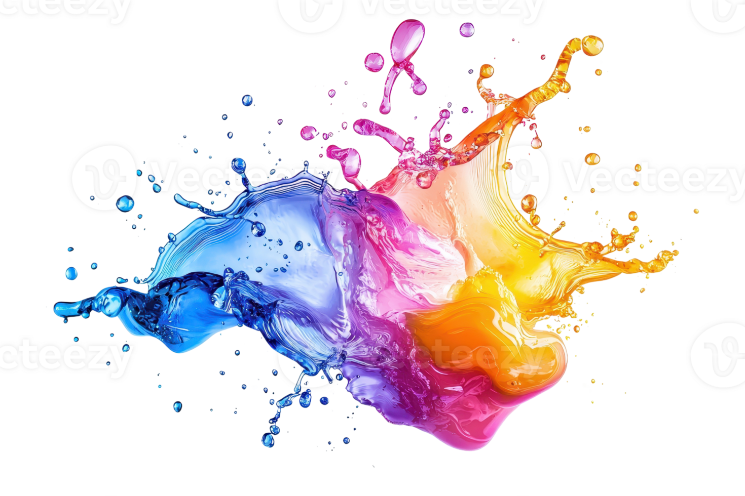 Vibrant splash of colorful paint creating a dynamic visual effect with blue, pink, and yellow tones blending in mid-air on a transparent background. png