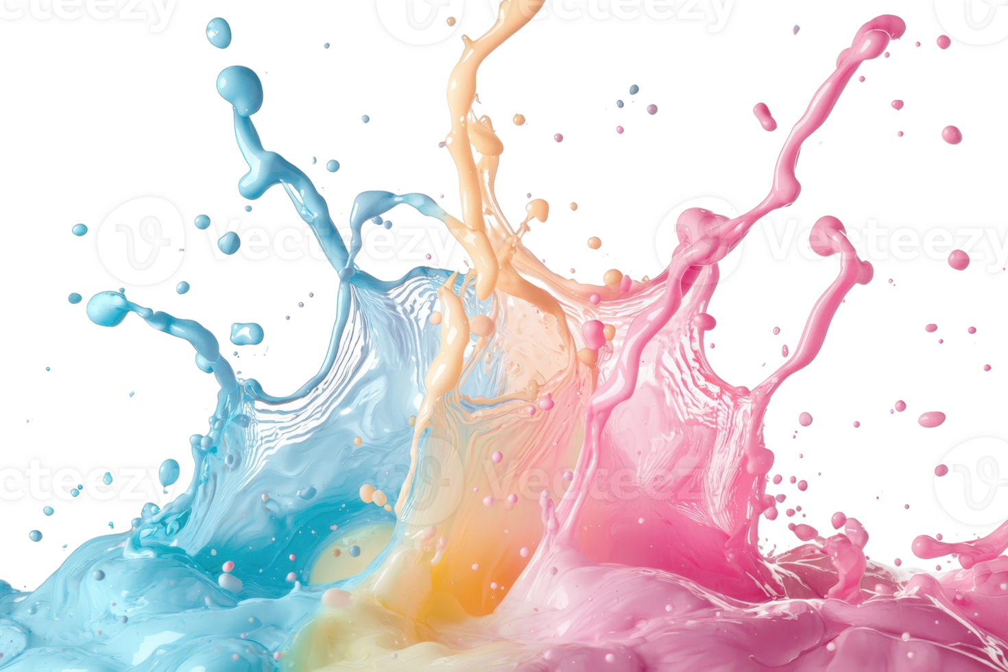 Vibrant splashes of colorful liquid in motion, creating an energetic and dynamic display of fluid art with pink, blue, and orange tones. png