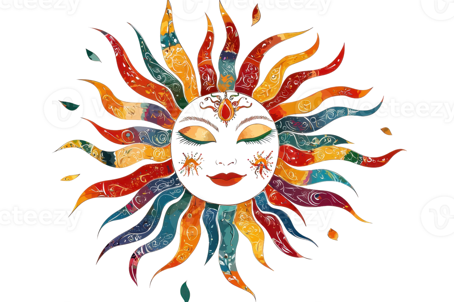 Vibrant sun design with colorful, artistic rays and a serene face, perfect for adding a touch of creativity and warmth to any project. png