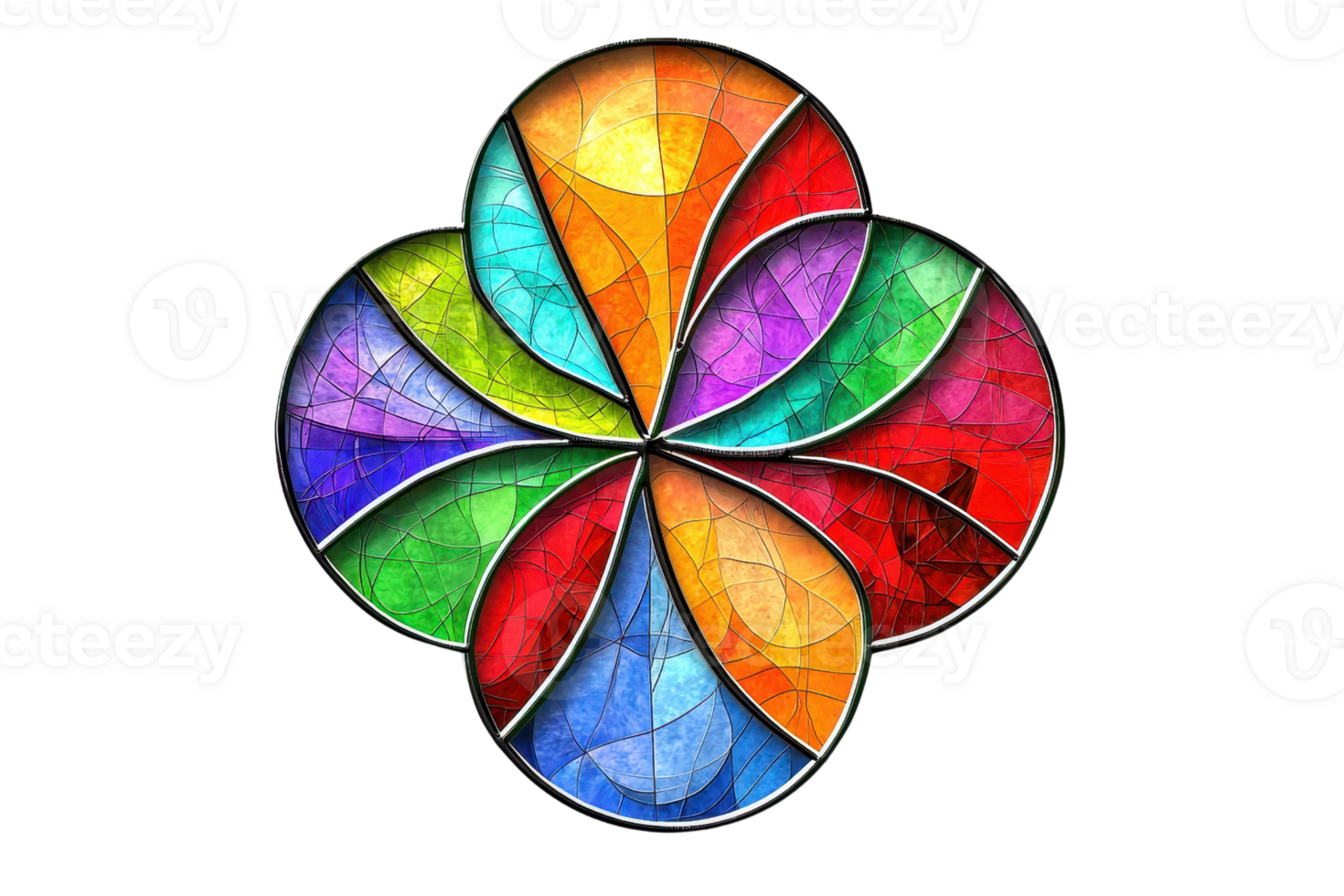 Vibrant stained glass pattern in a clover shape, featuring a spectrum of vivid colors, perfect for creative design inspiration. png