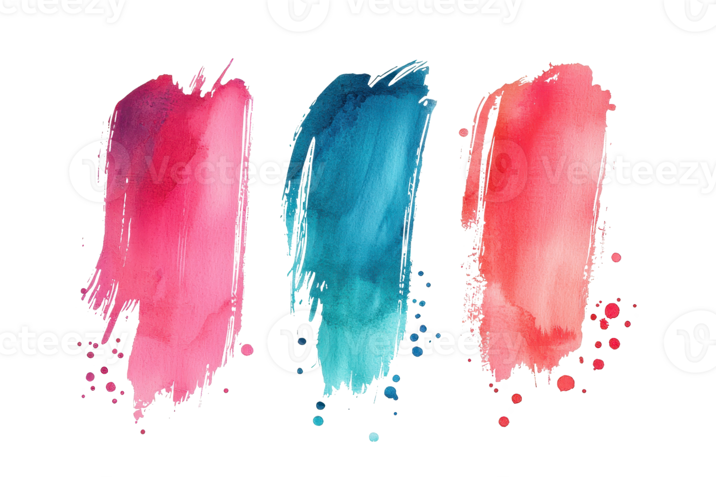 Vibrant watercolor brush strokes in pink, blue, and red on a transparent background. perfect for creative designs and artistic projects. png