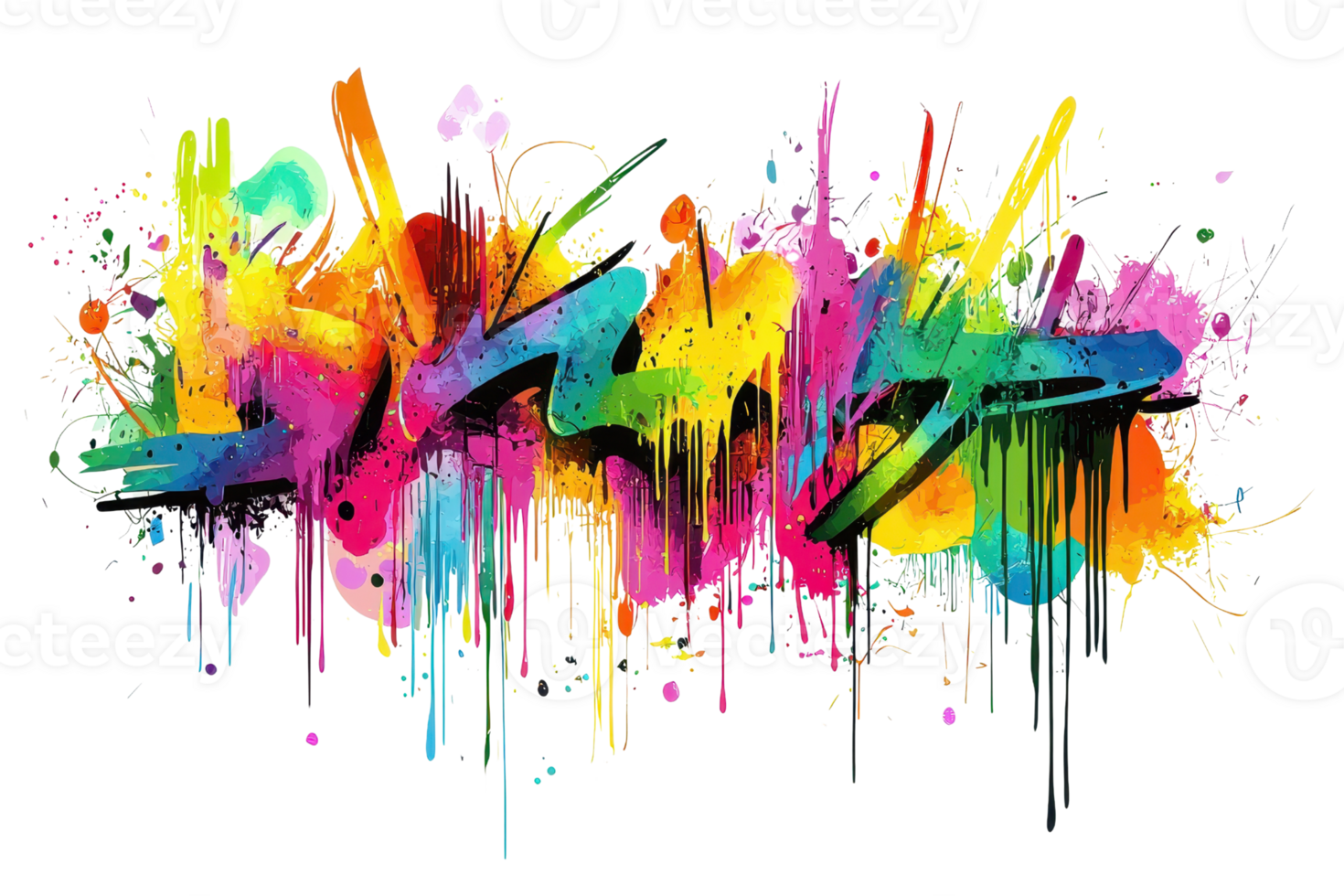 Vibrant urban graffiti art with bright, dripping paint strokes blending into a stunning, colorful abstract masterpiece on a transparent background. png