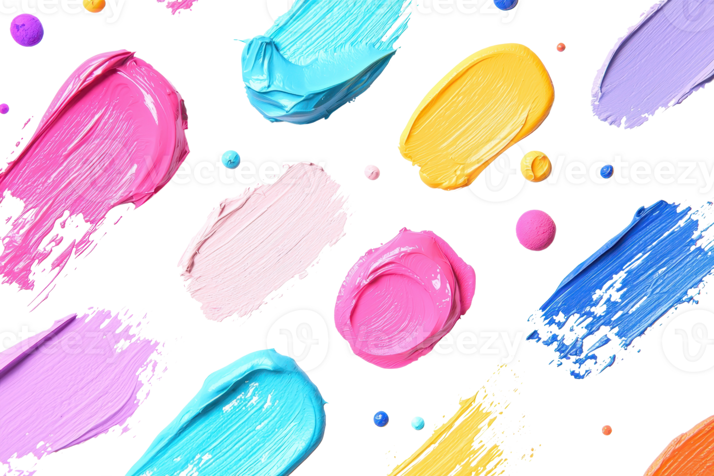Vibrant swatches of colorful paint strokes and dabs, showcasing a variety of hues on a bright, transparent background. Perfect for artistic inspiration. png