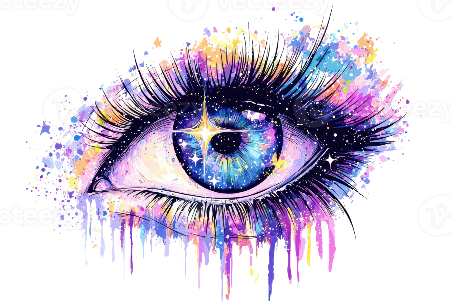 Vibrant watercolor eye illustration with splashes of color, capturing creativity and artistic expression in a delicate, dreamlike style. png