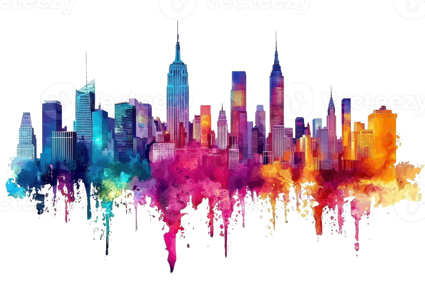 Vibrant watercolor skyline, blending colors to create a stunning urban landscape, symbolizing creativity and modern city life. png