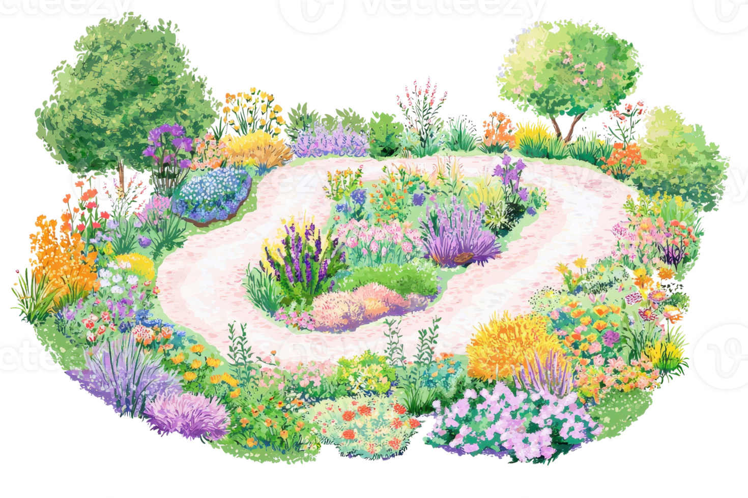 Vibrant watercolor garden illustration with a winding path, colorful flowers, and lush greenery, perfect for spring and summer themes. png