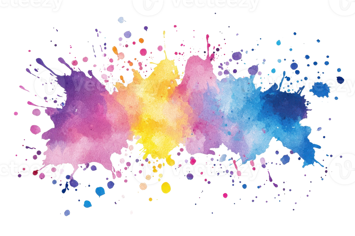 Vibrant watercolor splash with a mix of pink, yellow, and blue hues creating a dynamic abstract background. Ideal for creative designs. png