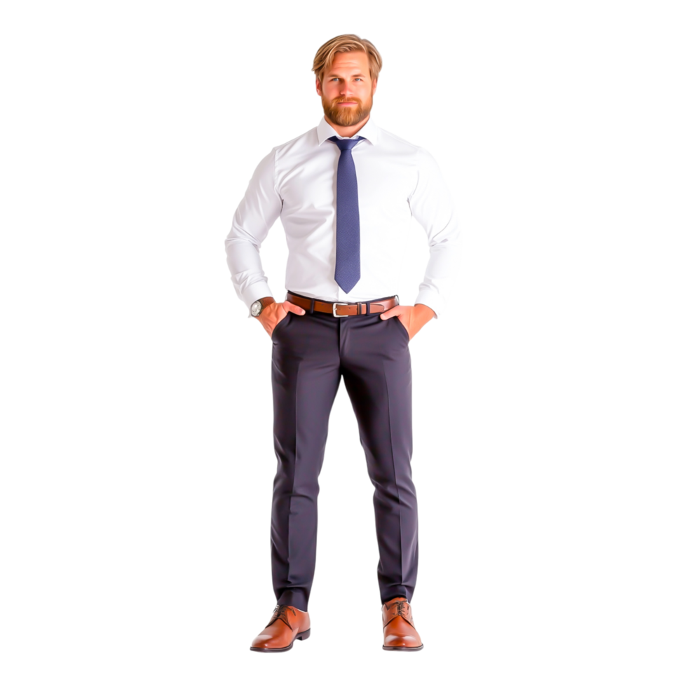 Confident Businessman in Formal Attire Standing with Hands on Hips png