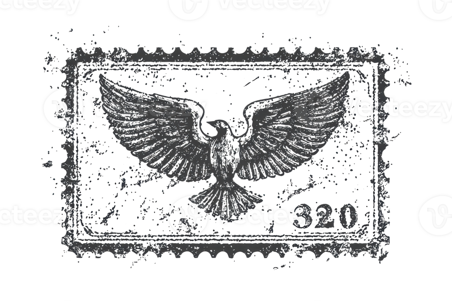 Vintage black and white postage stamp design featuring a flying dove, symbolizing peace and freedom. Perfect for collectors and enthusiasts. png