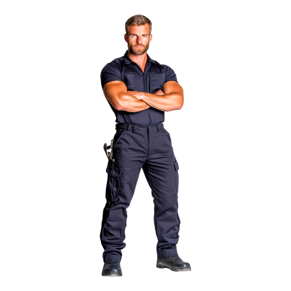 Confident Male Police Officer in Uniform Standing with Arms Crossed png