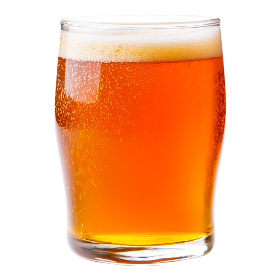 Golden Amber Beer in Clear Glass with Bubbly Foam Head png