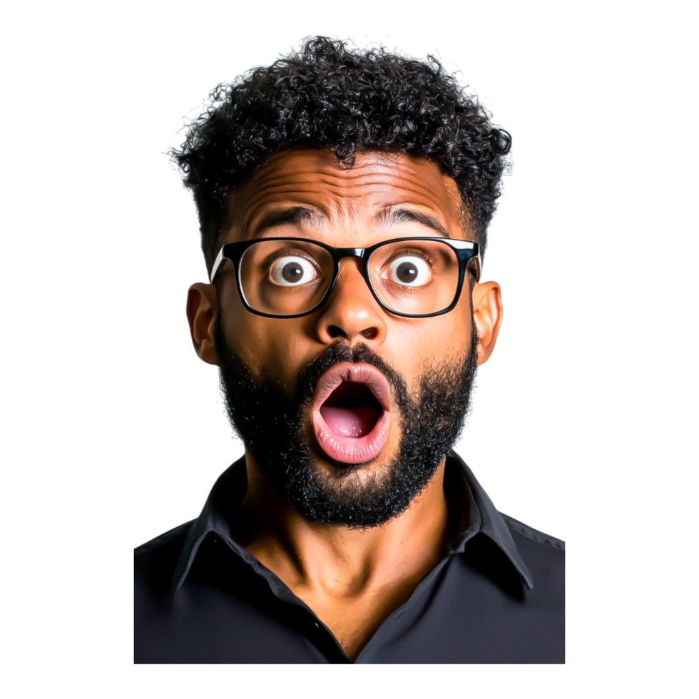 Surprised Man with Glasses Expressing Shock and Awe in Studio Lighting png