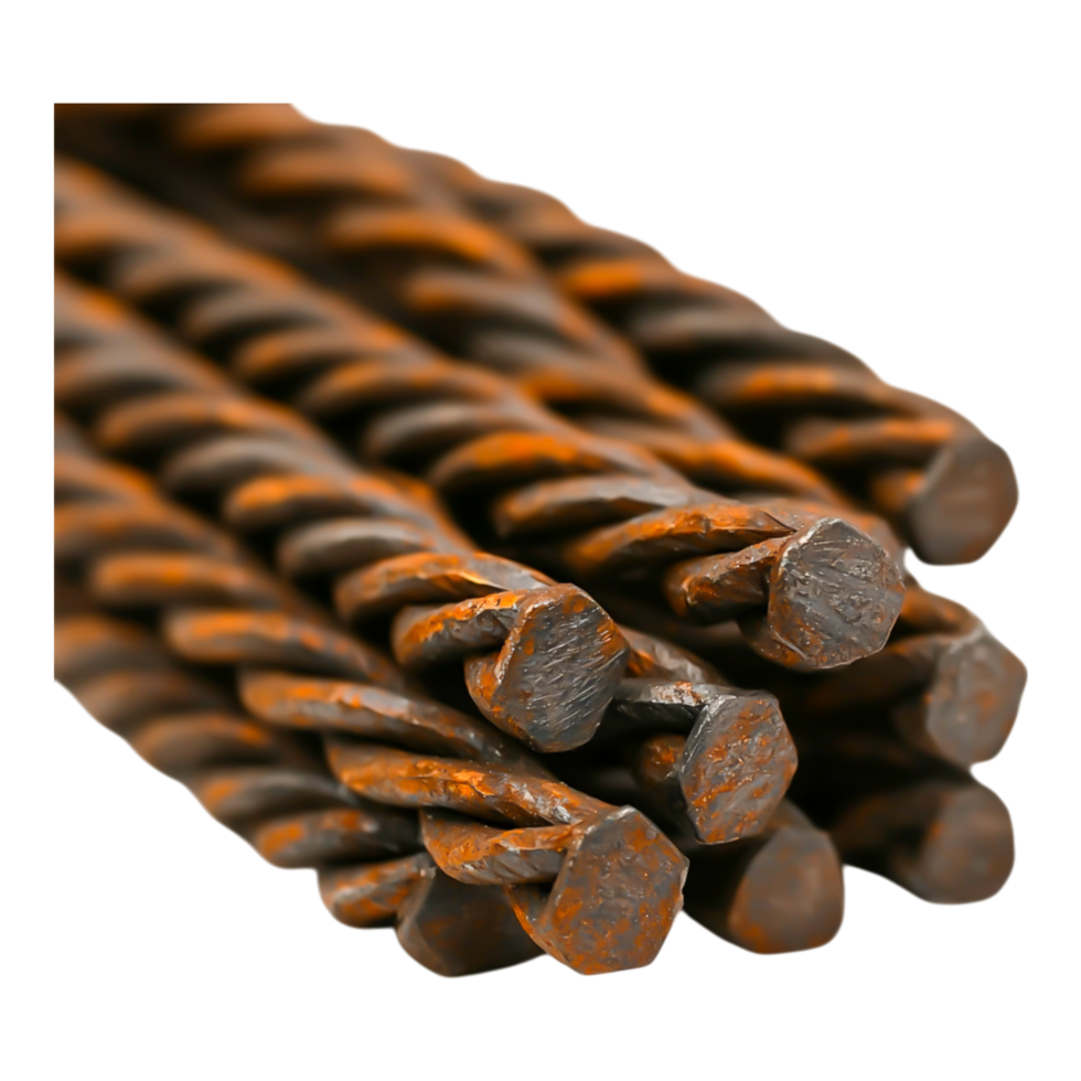 Close-Up of Twisted Steel Rebar with Rusty Surface and Texture png