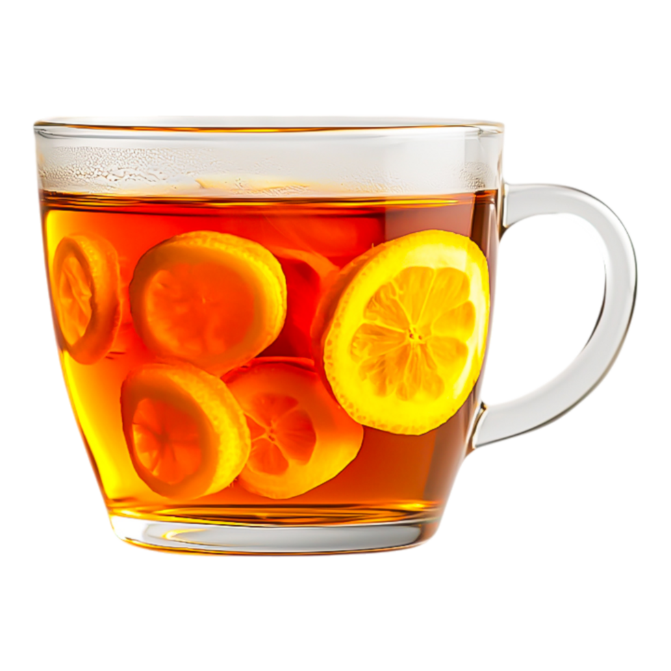 Refreshing Herbal Tea with Slices of Lemon in a Clear Glass Cup png