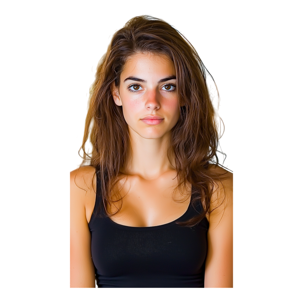 Portrait of a Young Woman with Long Hair in a Black Top Against png