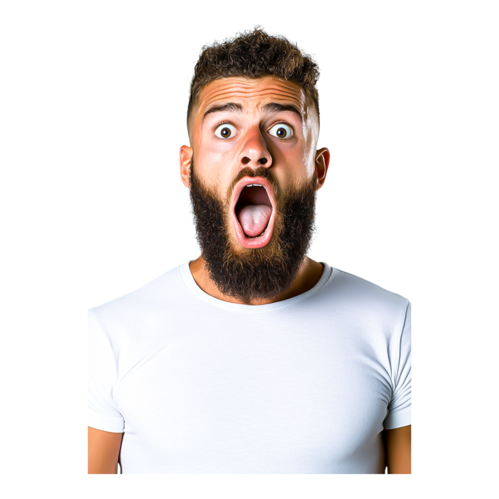 Surprised Man with Beard Expressing Shock and Awe in White Shirt png