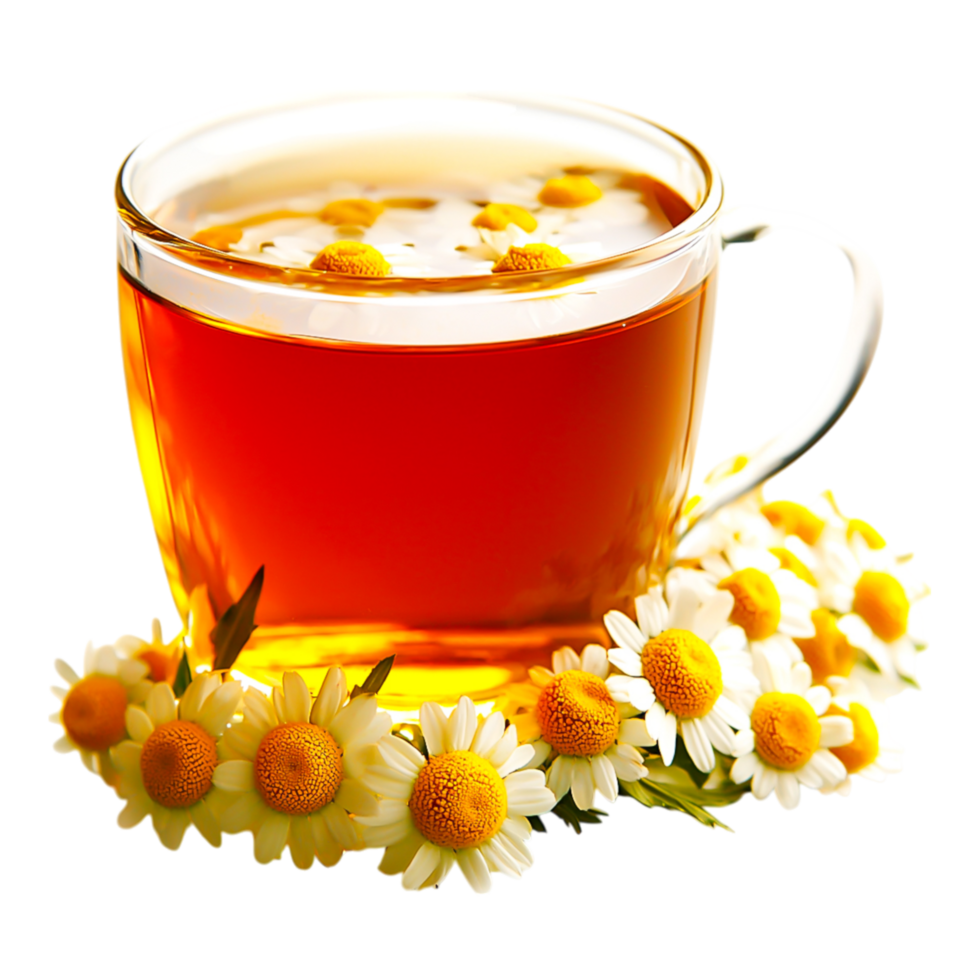 Chamomile Herbal Tea with Fresh Flowers in a Clear Glass Cup png