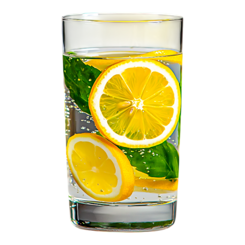 Refreshing Lemon Water with Fresh Lemons and Green Leaves png