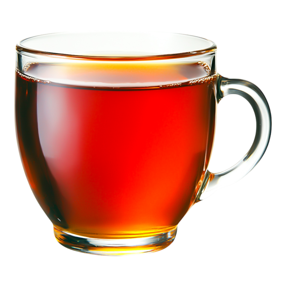 Clear glass cup filled with steaming hot amber tea beverage png