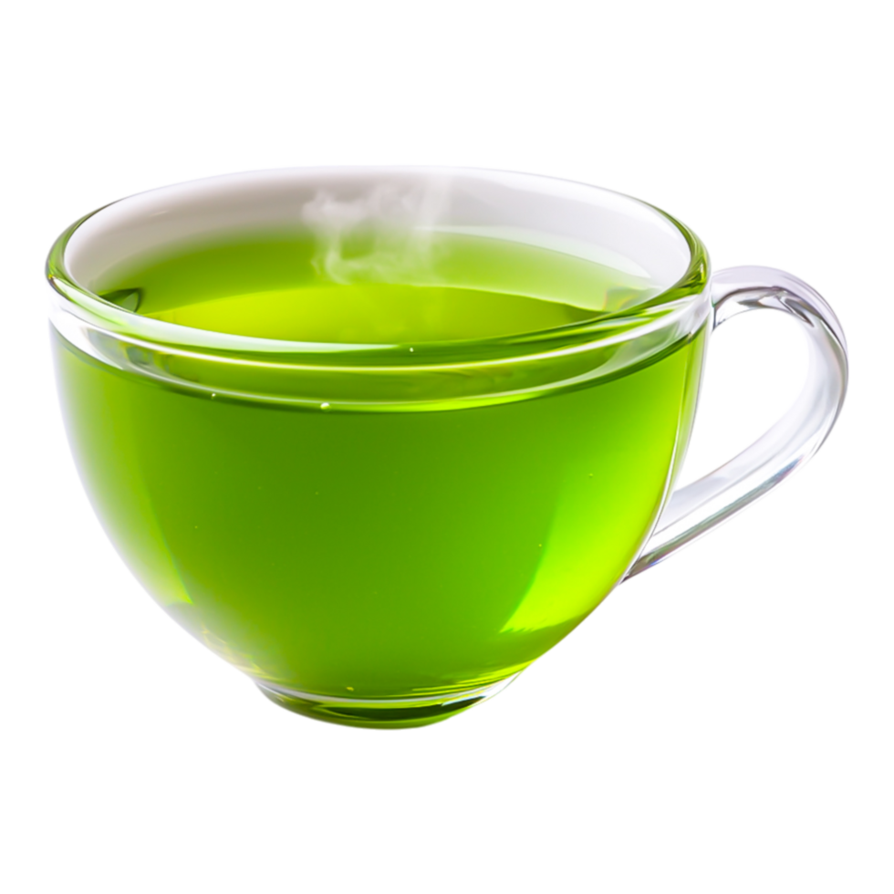 Freshly Brewed Green Tea in Clear Glass Cup with Steam Rising Up png