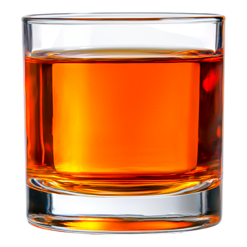 Glass of amber whiskey with smooth reflections and rich color png