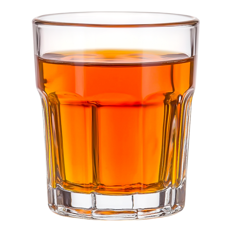 Transparent glass with amber spirit drink on a wooden table png