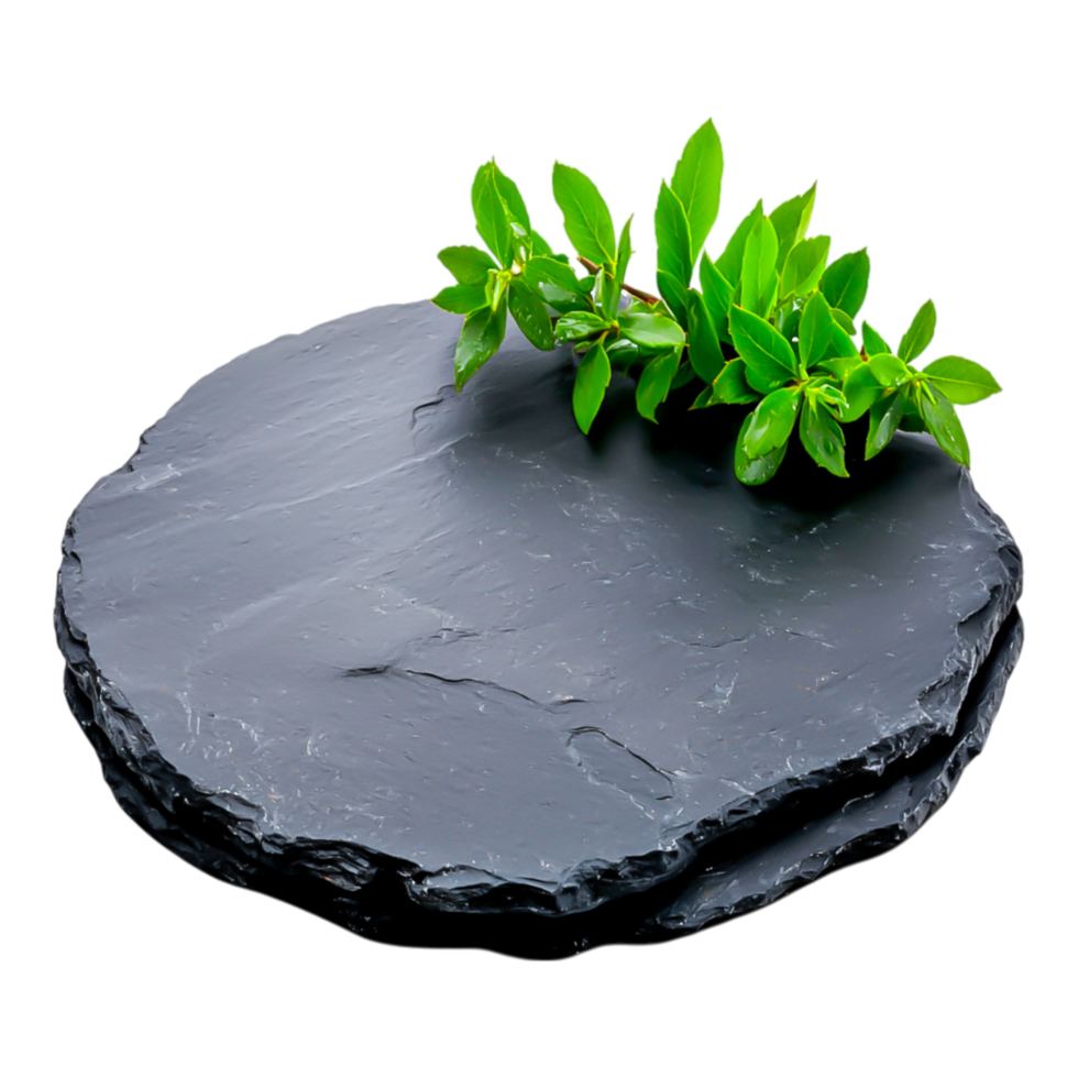 Fresh Green Leaves on Elegant Slate Stone Serving Tray Display png