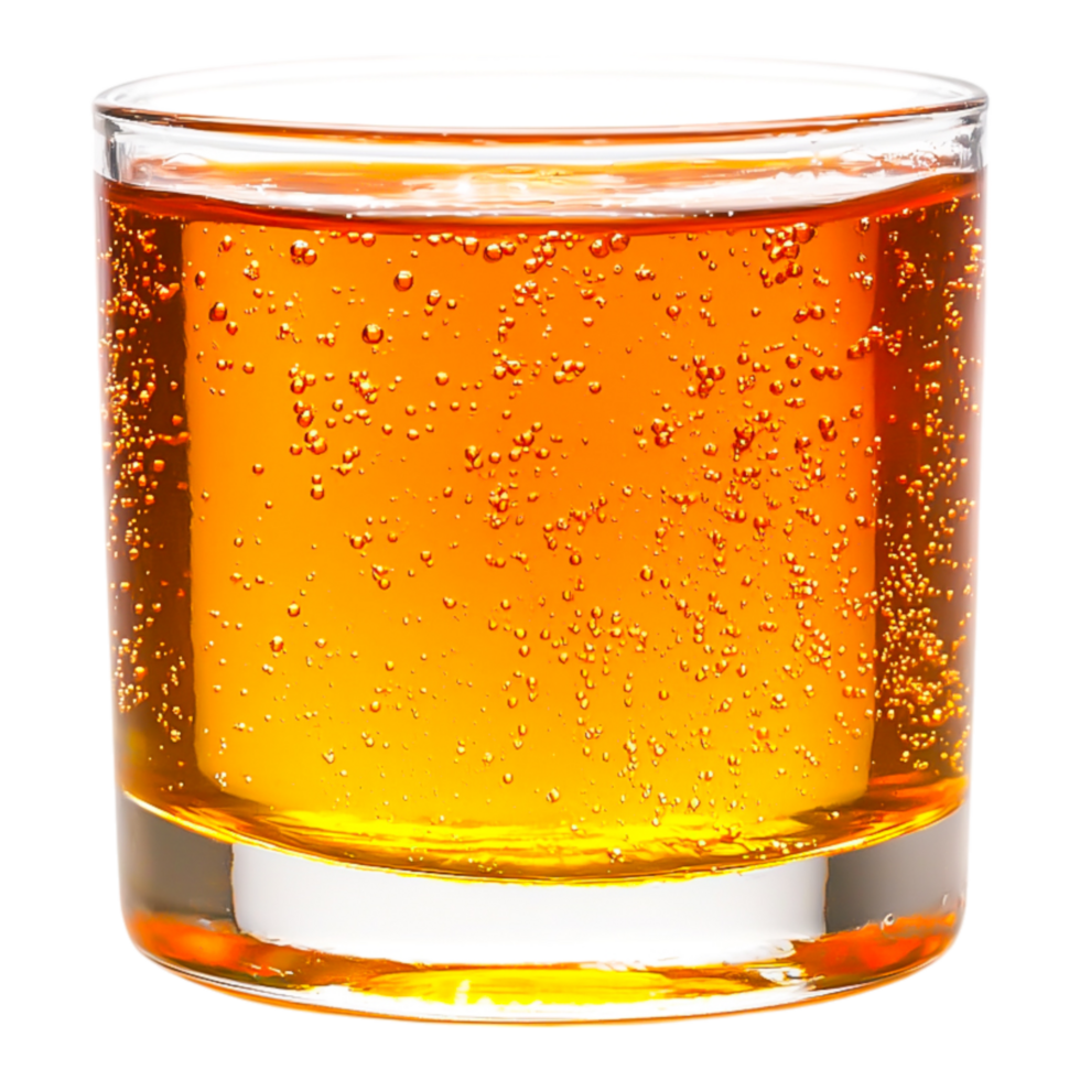 Sparkling Beverage in Clear Glass with Bubbles and Orange Hue png