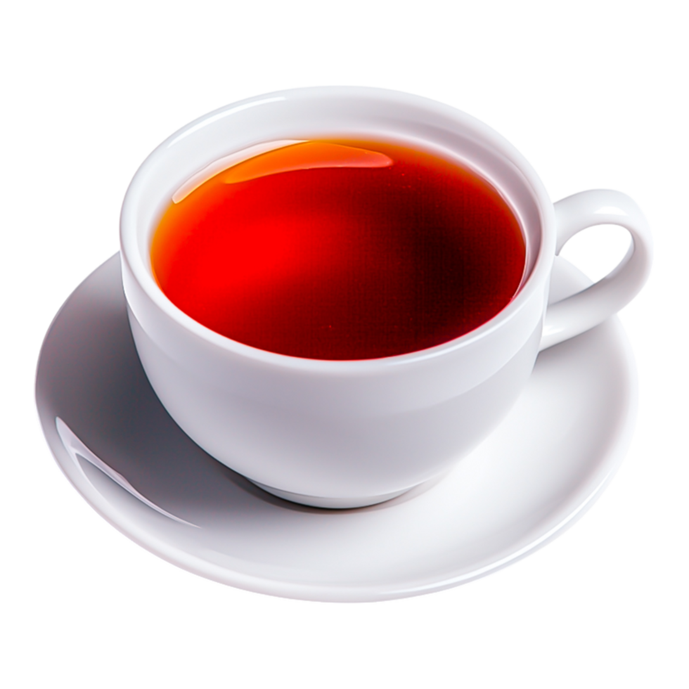 Hot Brewed Tea in a White Cup on a Smooth Saucer Surface png