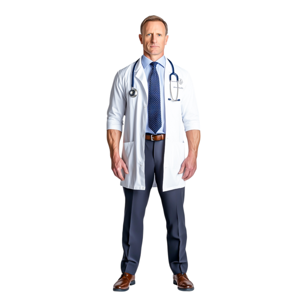 Professional Doctor in Lab Coat Standing Confidently with Stethoscope png