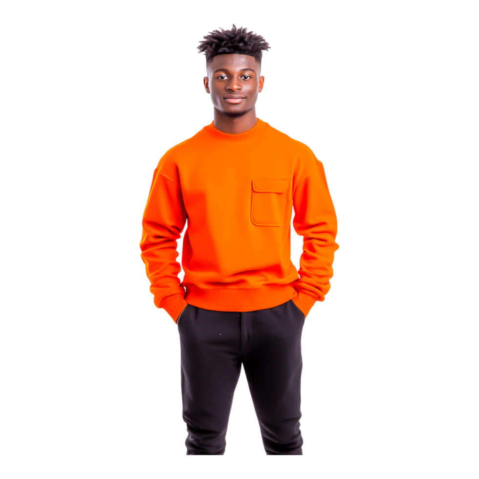 Young Man in Bright Orange Sweatshirt with Pocket Smiling and Posing png