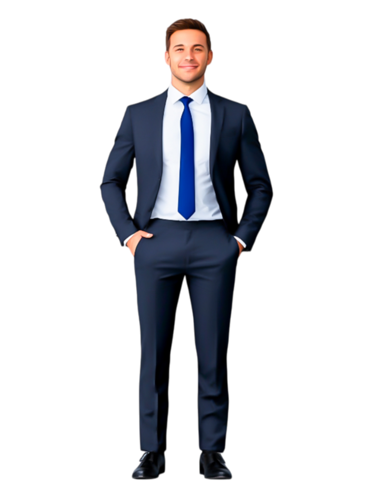 Confident Businessman in Suit Posing with Hands in Pockets png