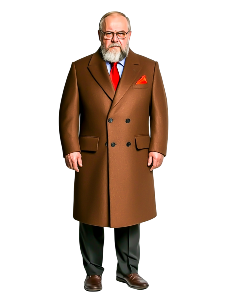 Elderly man wearing a brown overcoat with red tie and pocket square png